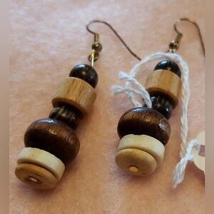 Wood Beaded Earrings with Gold / NWT - Hand Crafted